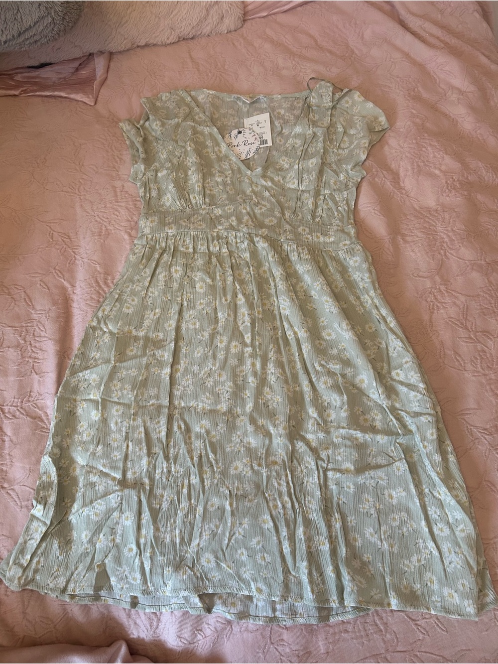 Pink Rose Sage Green Floral Wrap-Style Casual Dress